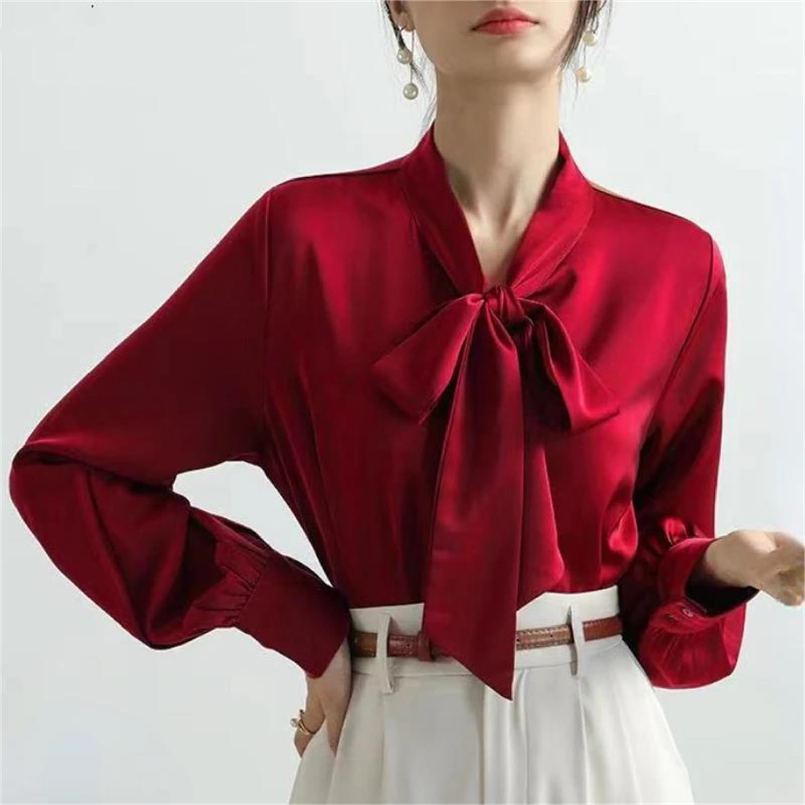 Vogrtcc Camisa de seda de satén de gran tamaño para mujer, blusa de manga larga para oficina