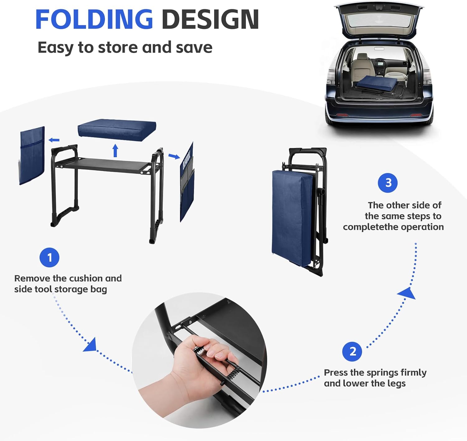 Garden Kneeler and Seat with Upgraded Wide & 3" Thick Kneeling Pad, Heavy Duty Garden Stool with 2 Large Tool Bags, Portable Bench for Weeding, Gardening Gifts for Women, Men, Seniors, Blue