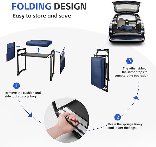 Miniatura 4 de Rodillero y asiento de jardín con almohadilla de rodillas ancha mejorada y 3 pulgadas de grosor, taburete de jardín resistente con 2 bolsas de