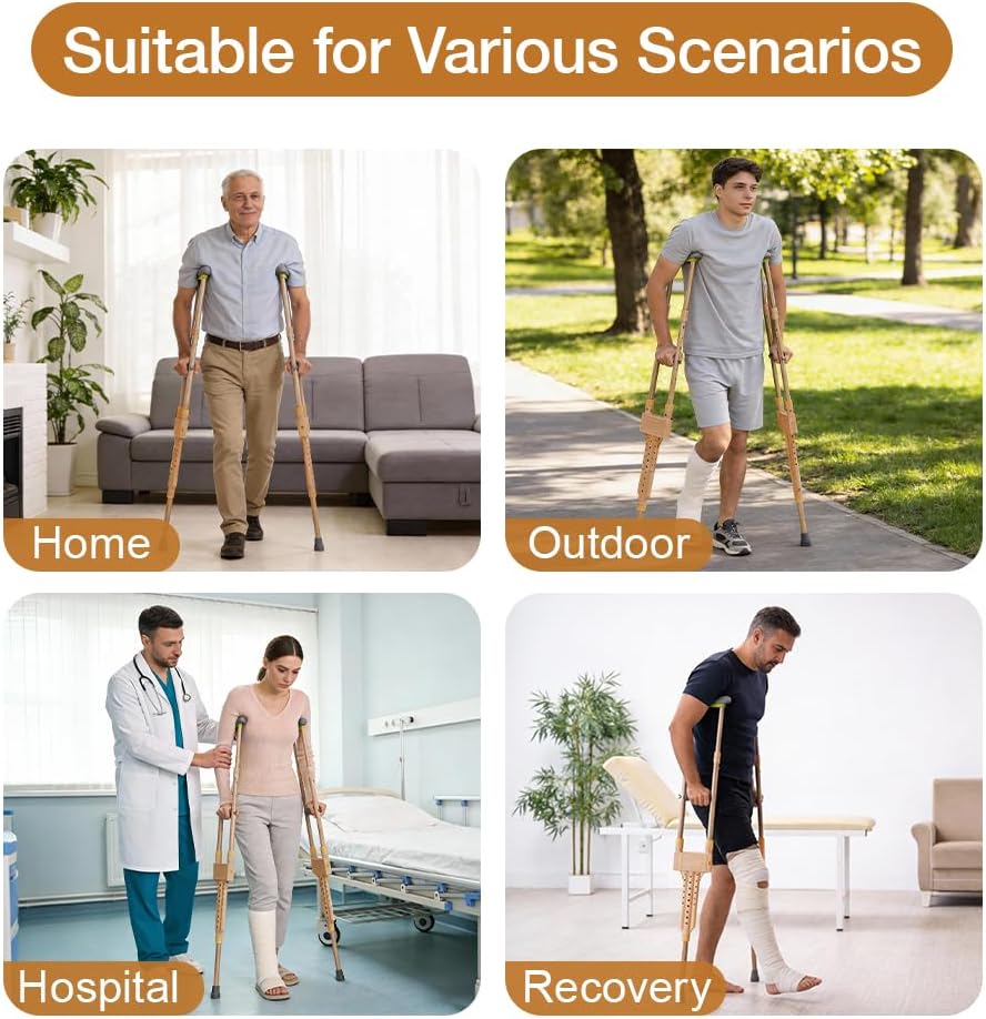 Lightweight Aluminum Wood Grain Cane Crutches for Adults & Elderly (5.92ft-6.75ft Height Fit) – Adjustable, Built-in Storage, 250lb Capacity, Mobility Aid for Walking Support