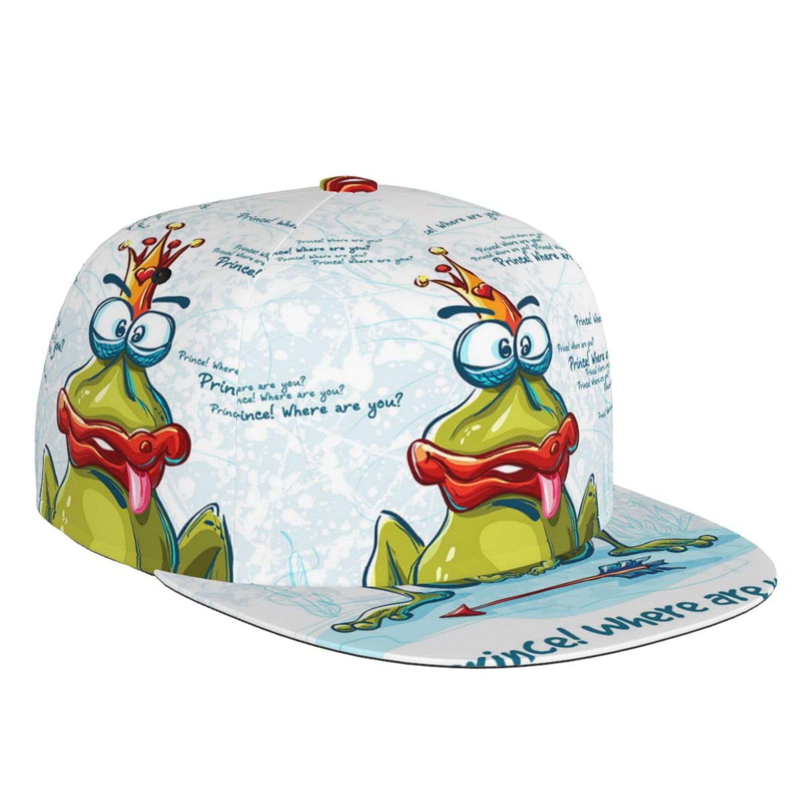 Flat Bill Baseball Cap 3D Smiling Frog Prince Flat Brim Adjustable Snapback Caps Sport Dad Hat Trucker Hats for Men Women Black