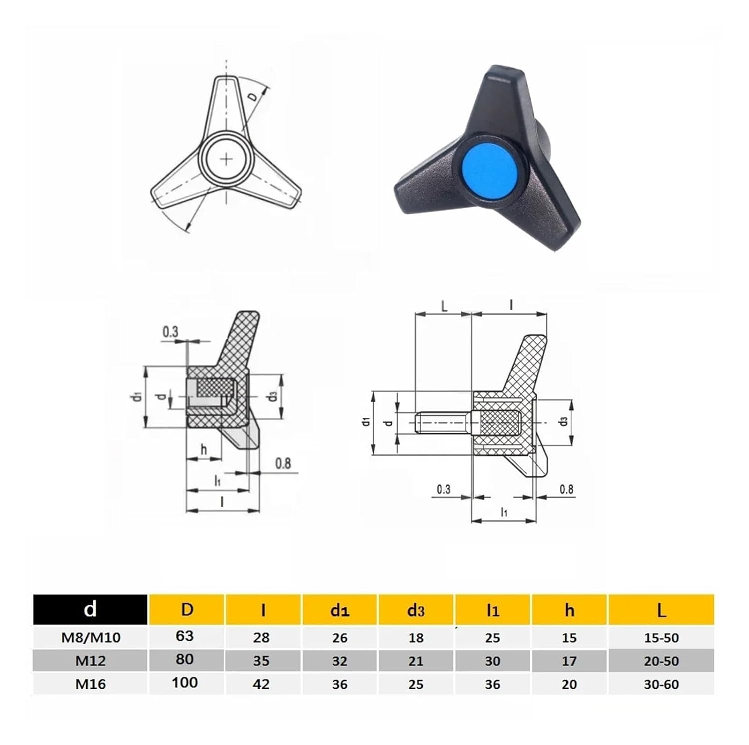 1pcs M8 M10 M12 M16 Triangle Handle Plastic Head Screw Stainless Steel Plastic Three-arm knob(M16 x 40)