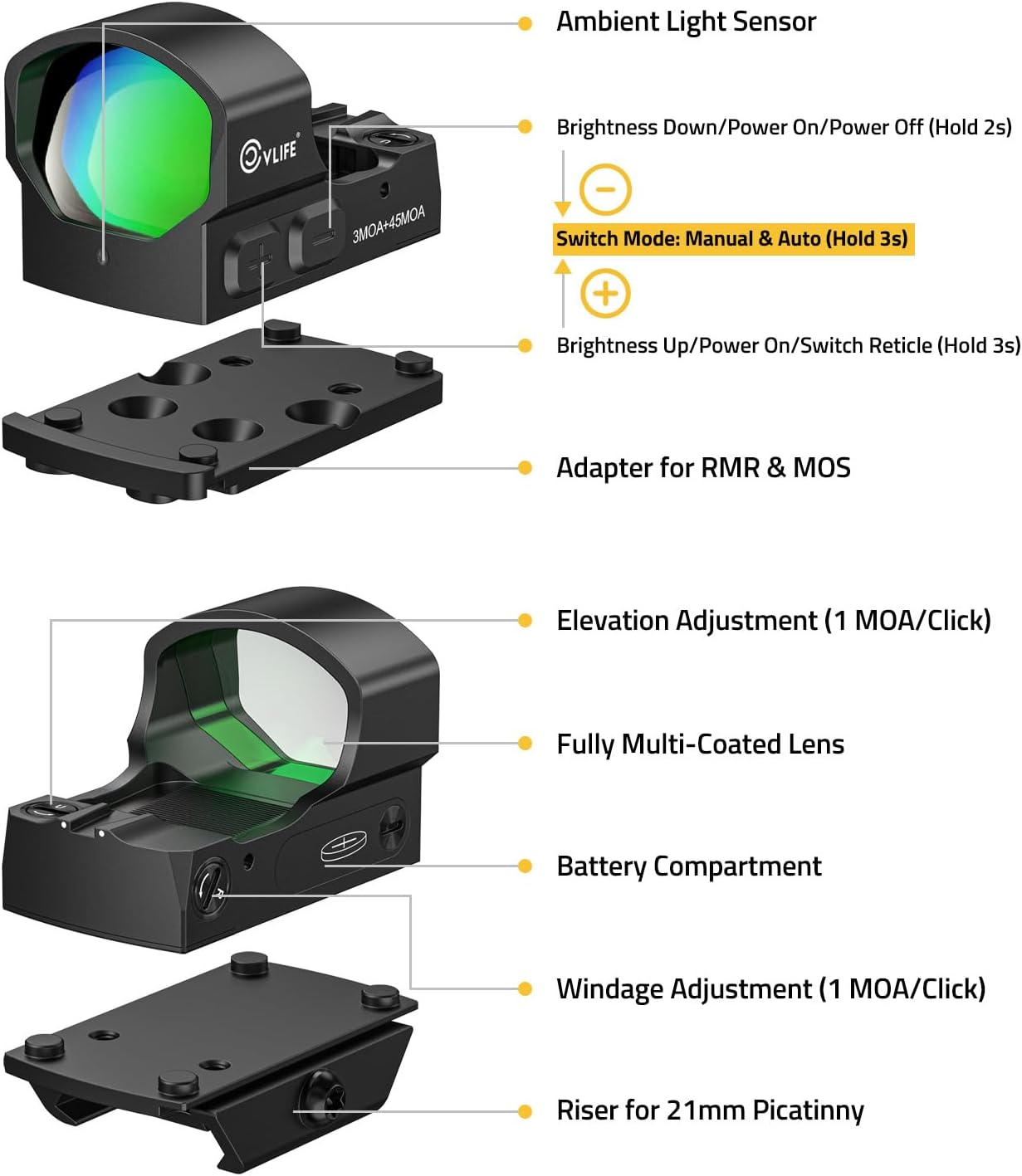 CVLIFE BearMight Auto-Brightness Red/Green Dot Sight for RMS RMSc, 3 MOA Dot Motion Awake Reflex Sight Optic Scope for Compact Pistol, 5000G Shockproof & Waterproof, Adapter for MOS/RMR/Picatinny