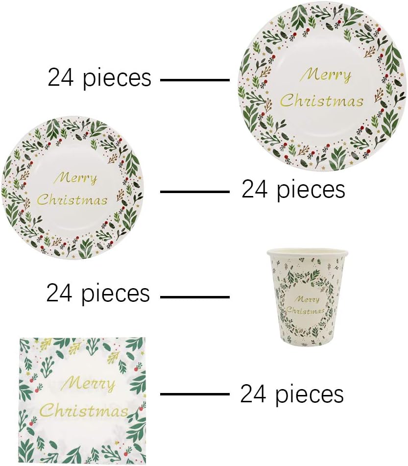 Luhiew 96 pcs Disposable Paper Christmas Party Decorations-Serves 24- Merry Christmas Tableware Set Include Dinner Plates;Dessert Plates;Cups and Napkins : Home & Kitchen