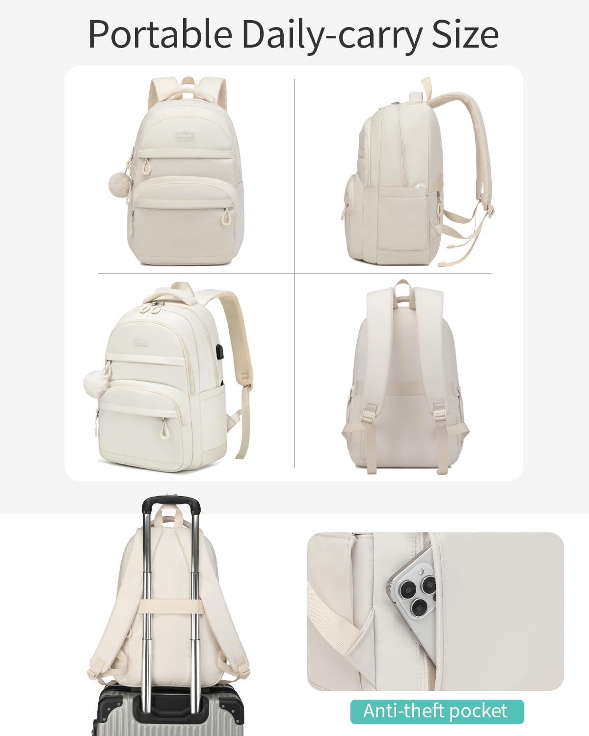 Girls Backpack School Bag, 15.6in Laptop Backpack with USB Charging Hole for Women, Aesthetic College Bookbag for Teens Students, Beige