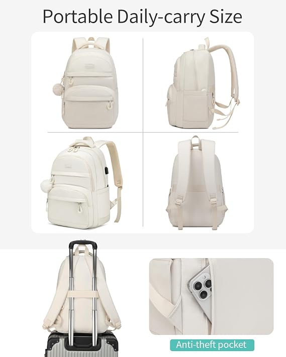 Girls Backpack School Bag, 17.3in Laptop Backpack with USB Charging Hole for Women, Aesthetic College Bookbag for Teens Students, Beige