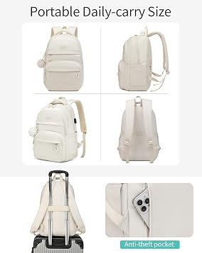 Girls Backpack School Bag, 17.3in Laptop Backpack with USB Charging Hole for Women, Aesthetic College Bookbag for Teens Students, Beige