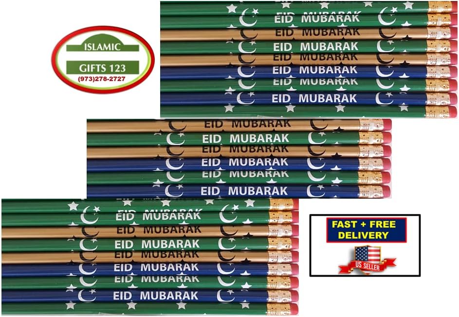 Eid Pencils [ 100 ] Eid Favors Eid Mubarak Pencils Happy Eid Customized Party Favors Eid decor Arabic Novelty Ramadan Decor Muslim Gifts Wholesale (100)