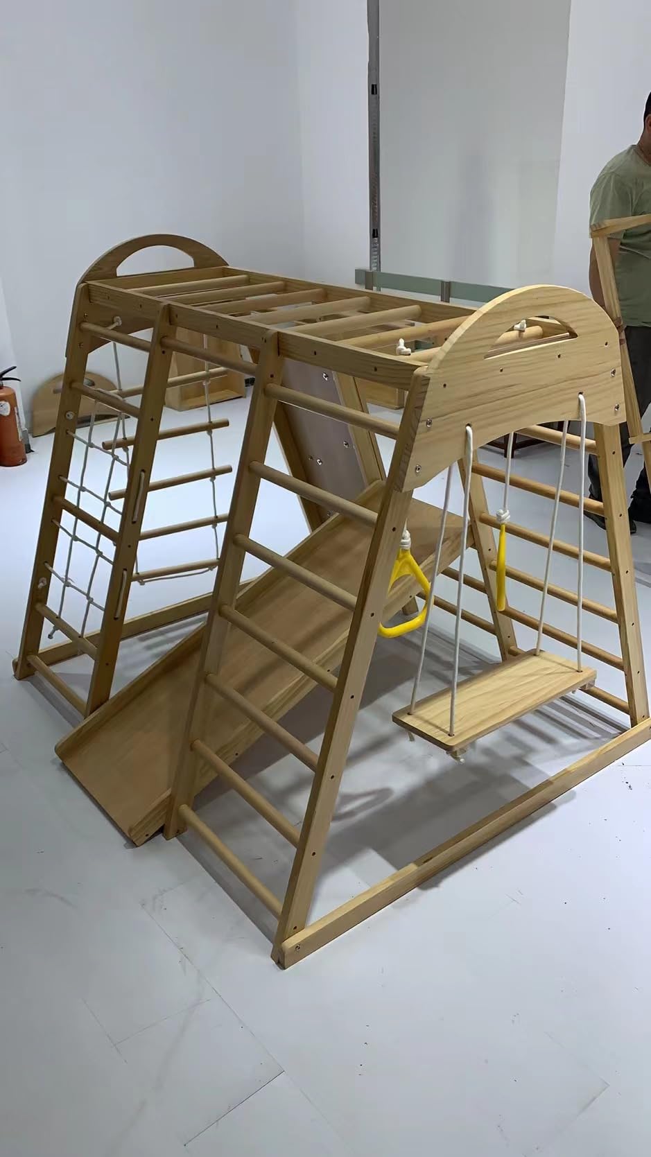 VeroFree 7-in-1 Wooden Jungle Gym Playset for Kids 2-6 Yrs – Slide, Climbing Wall, Monkey Bars, Swing, Rope Climber – Montessori & Waldorf Indoor Playground (Natural Wood)