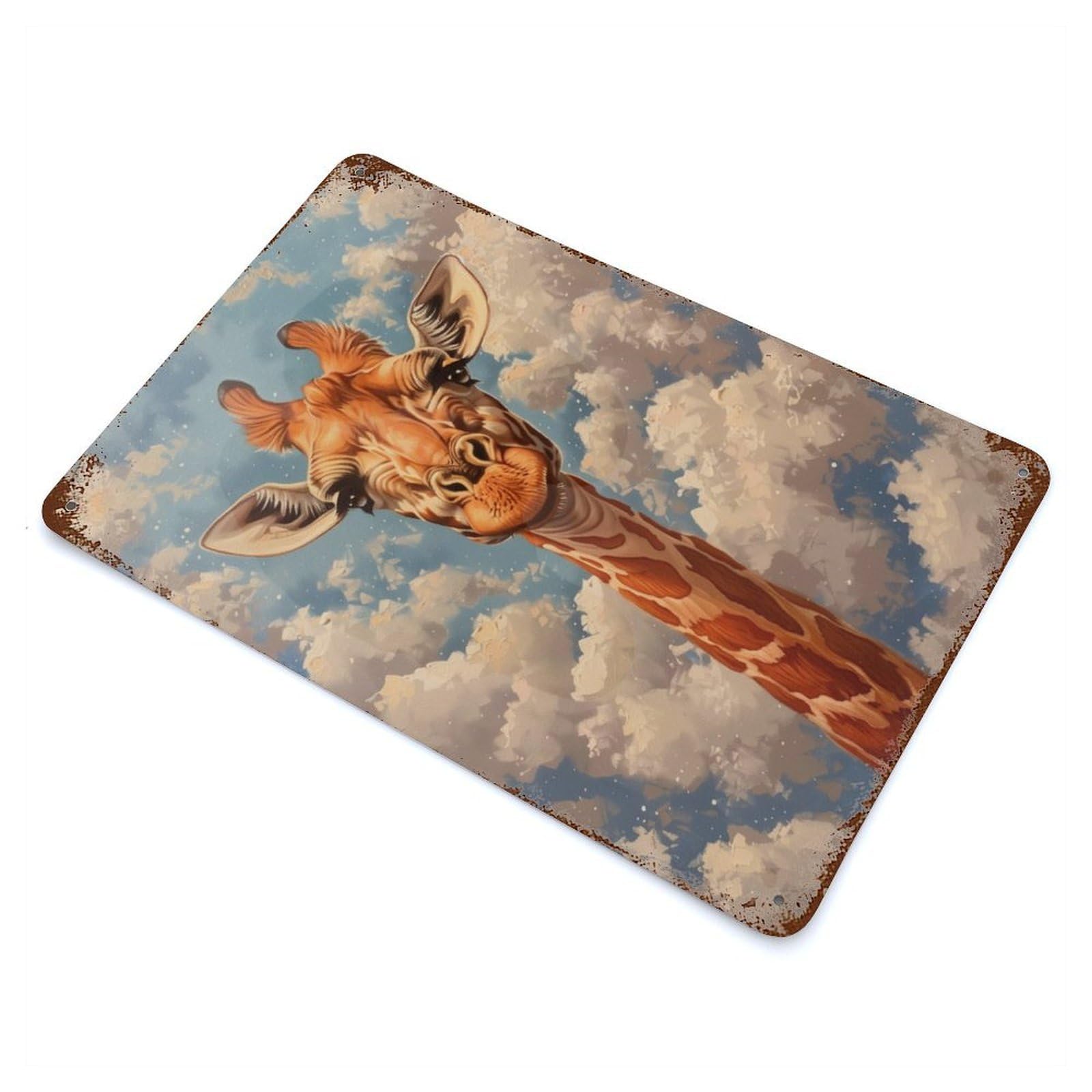 Giraffe Portrait Clouds Rustic Tin Plaque 11.8"x7.9", Novelty Wall Decor for Garage, Pub Or Kitchen
