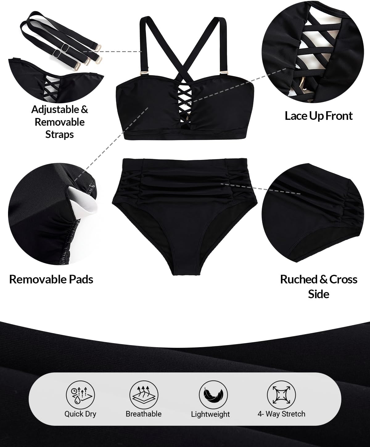 Daci Women Plus Size Two Piece Swimsuit - High Waisted Bikini Tummy Control Bathing Suit Bandeau Swimwear - Image 6