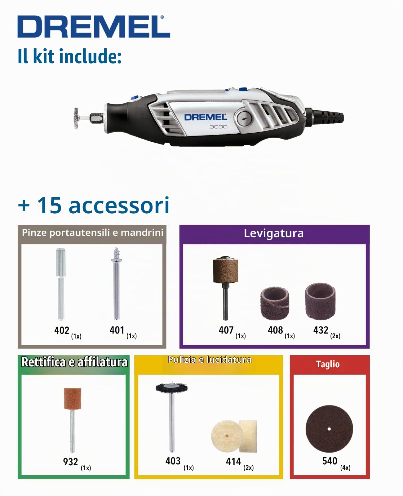 Dremel 3000 - Utensile rotante, 130 W, 15 accessori, velocità variabile 10.000-33.000 giri/min