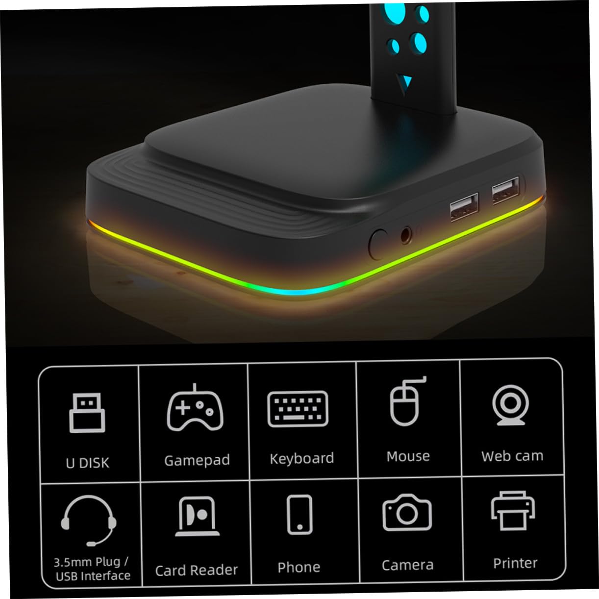 Soporte para Auriculares de Mesa con Luz RGB Ajustable Base Antideslizante Doble USB Hub y Conector Aux Compatible con PC y Gaming