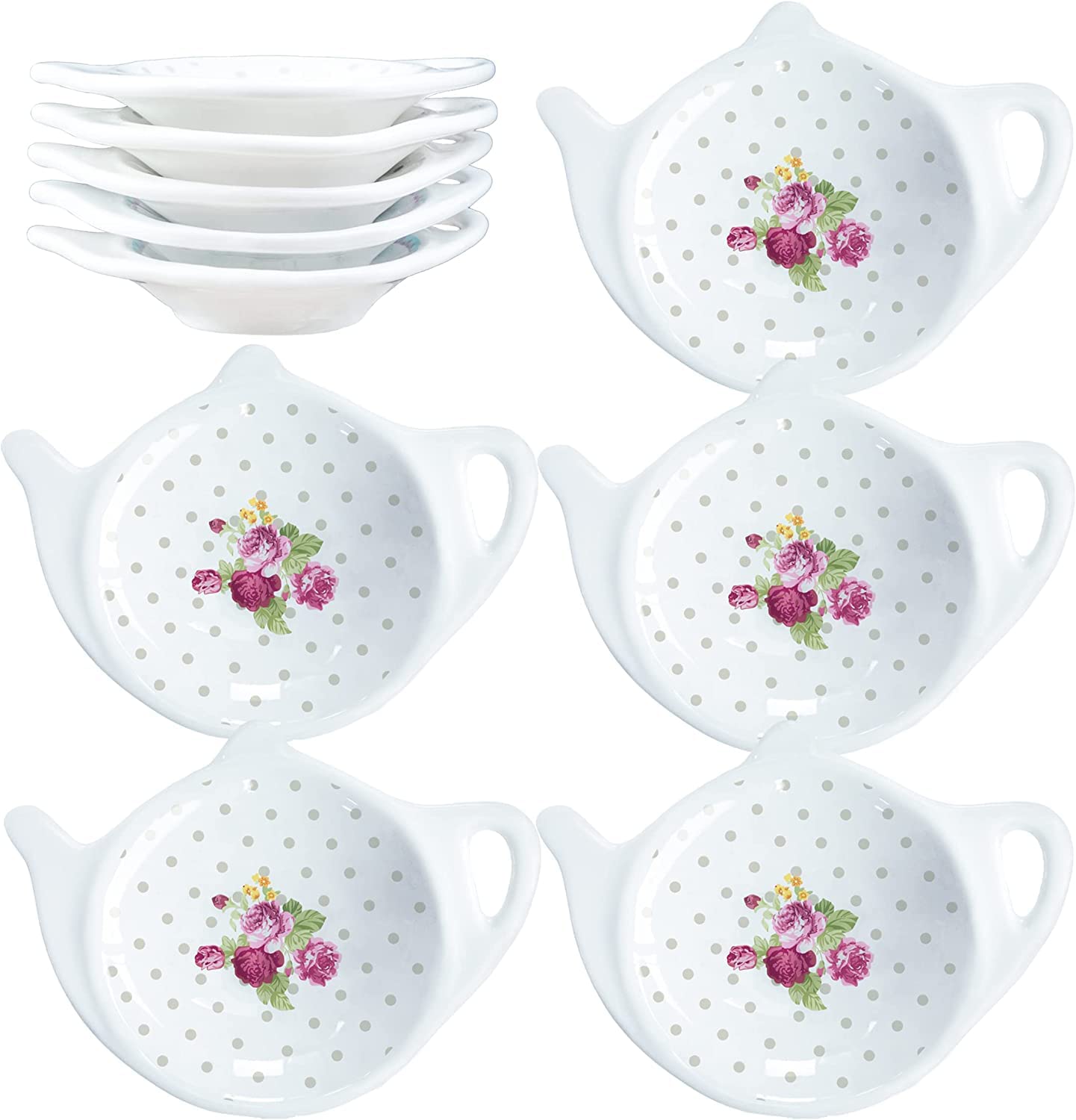 SOCOSY Vintage Flower Porcelain Tea Bag Holder Teapot Shaped Tea Bag Coaster, Little Spoon Rest Tea Accessories Resting Caddy Seasoning Dish for Sauce Dessert, 4 Inch-Fresh Flowers-10 PCS