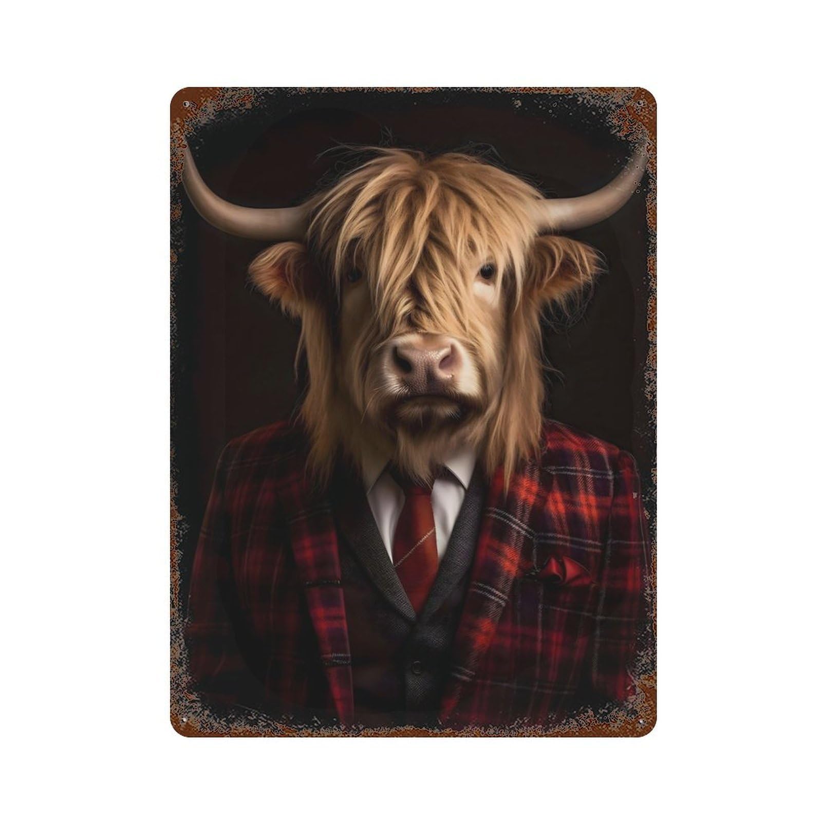 Aged Metal Wall Plaque with Highland Cow Portrait Design 15.7"x11.8", for Farmhouse, Kitchen And Entryway Decor, Old School Wall Decor