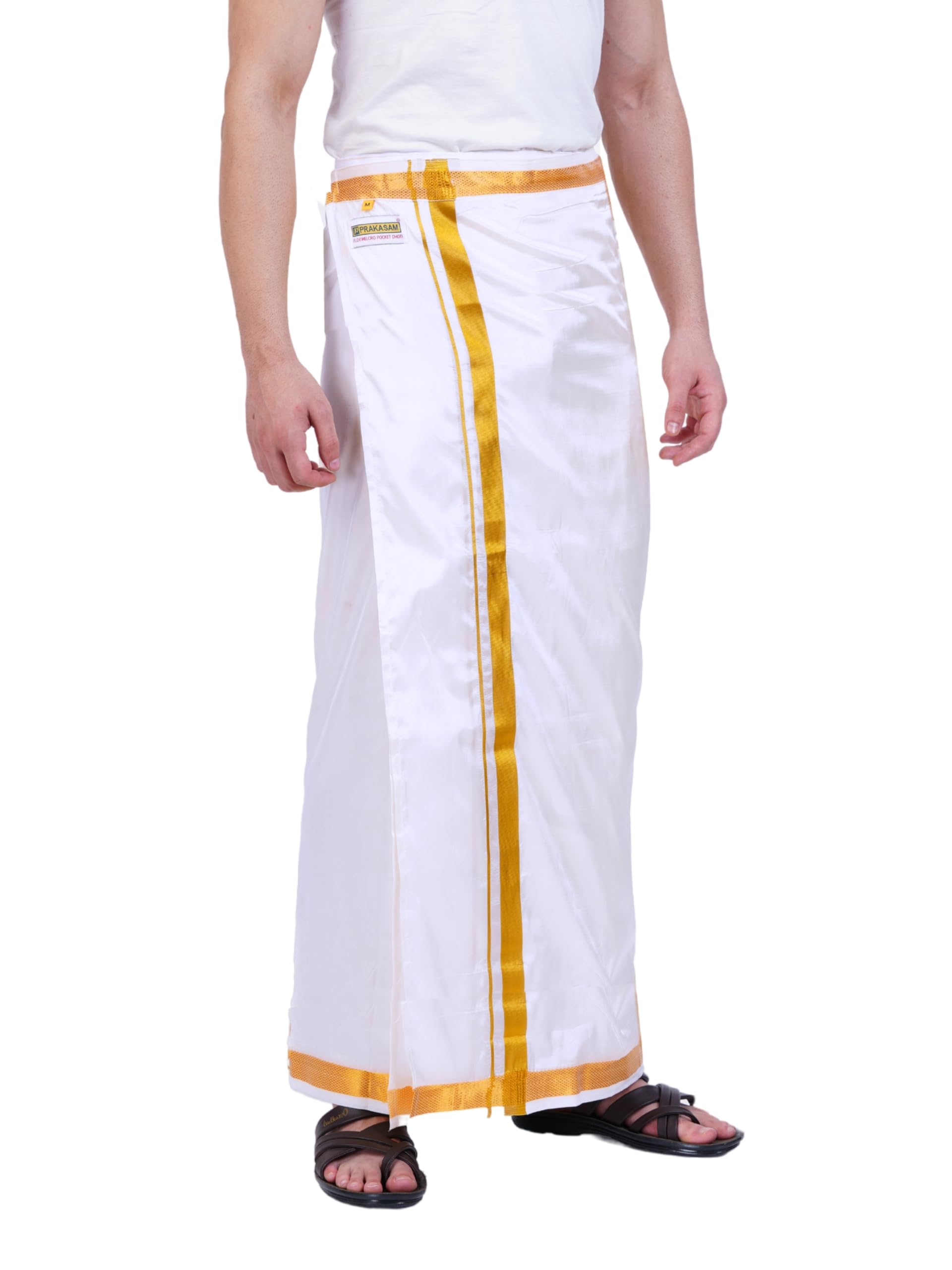 Prakasam Cotton Mens Double Layers Art Silk - Welcro Pocket Dhoti For Mens (White, 46)