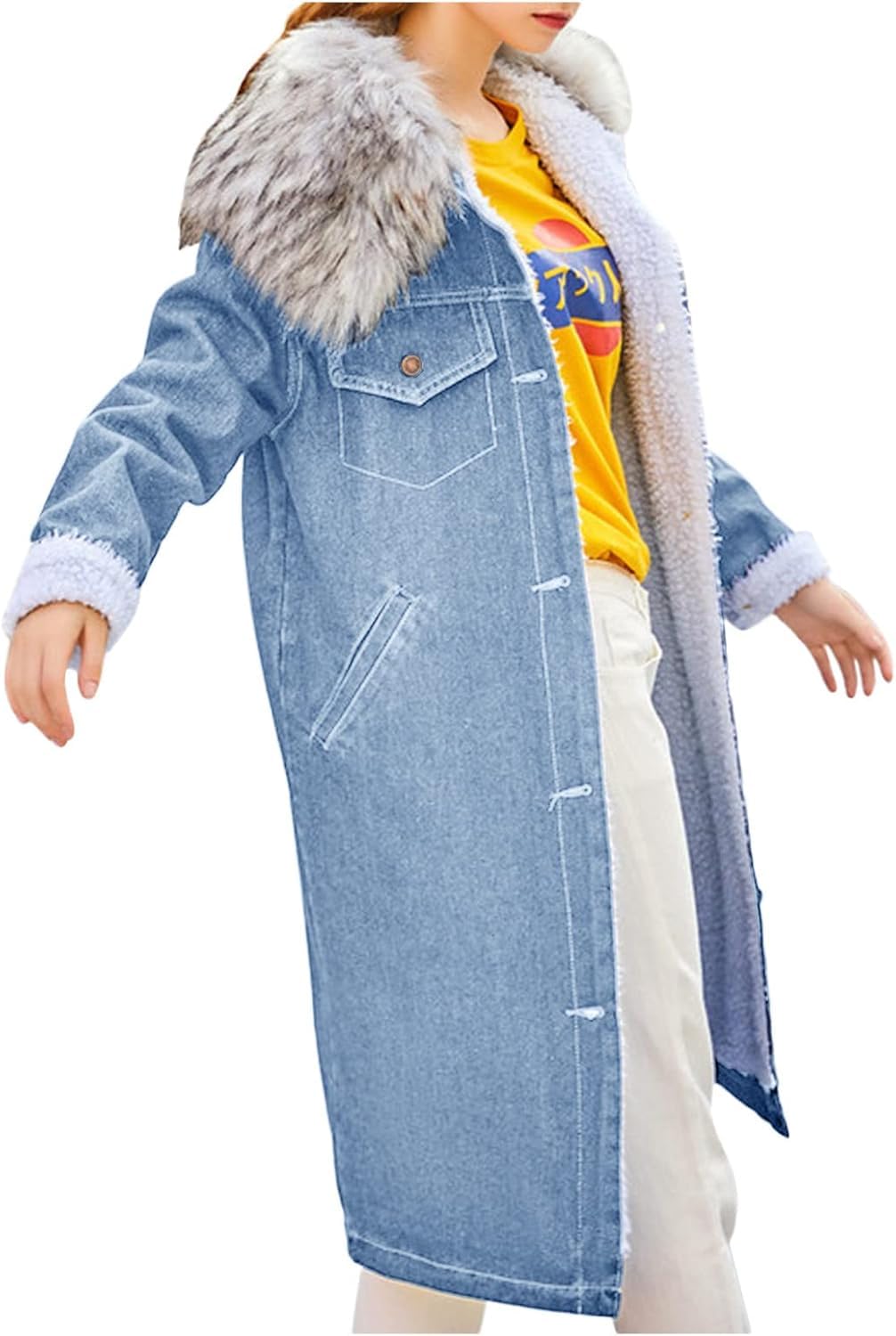 Chaqueta Vaquera Larga de Invierno con Forro Polar Chaqueta Vaquera con Botones Acolchados Chaqueta Vaquera cálida con Forro Polar Chaqueta Vaquera Tipo Gabardina