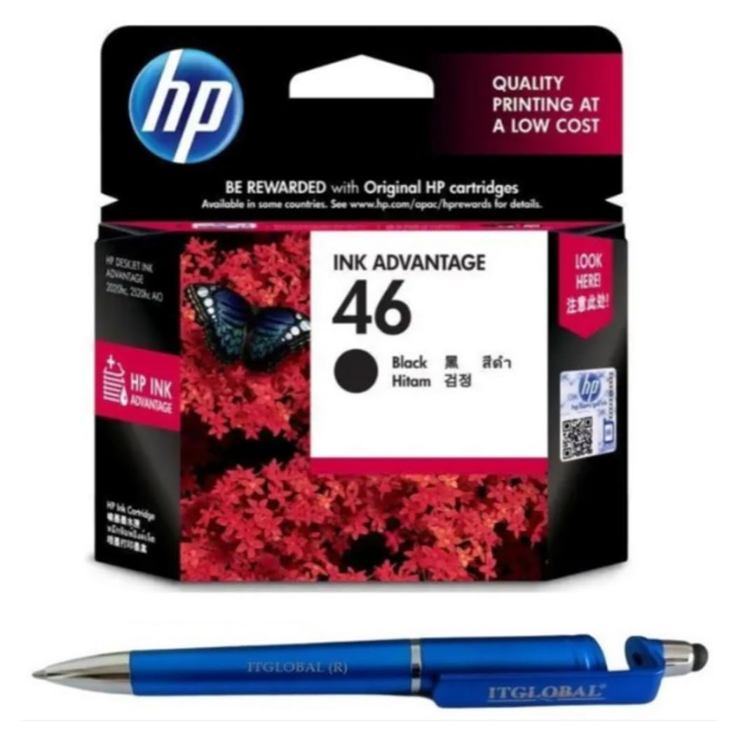 Value Pack Combo OG 46 Black Ink Cartridge for HP Selected Printer with 3in1 Multi-Function Creative Mobile Phone Stand, Stylus Pen, Ballpoint Pen (Very Colors) | 46 Ink