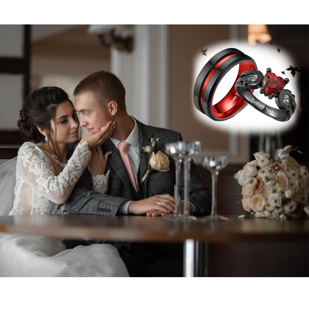 Paar Ringe Personalisiert Pärchen Ringe für 2 mit Gravur Edelstahl Herren Ring Wolfram Schwarz Rot Valentinstag Schmuck für Sie und Ihn Hochzeitstag Geschenke für Paare,Größe 49-69