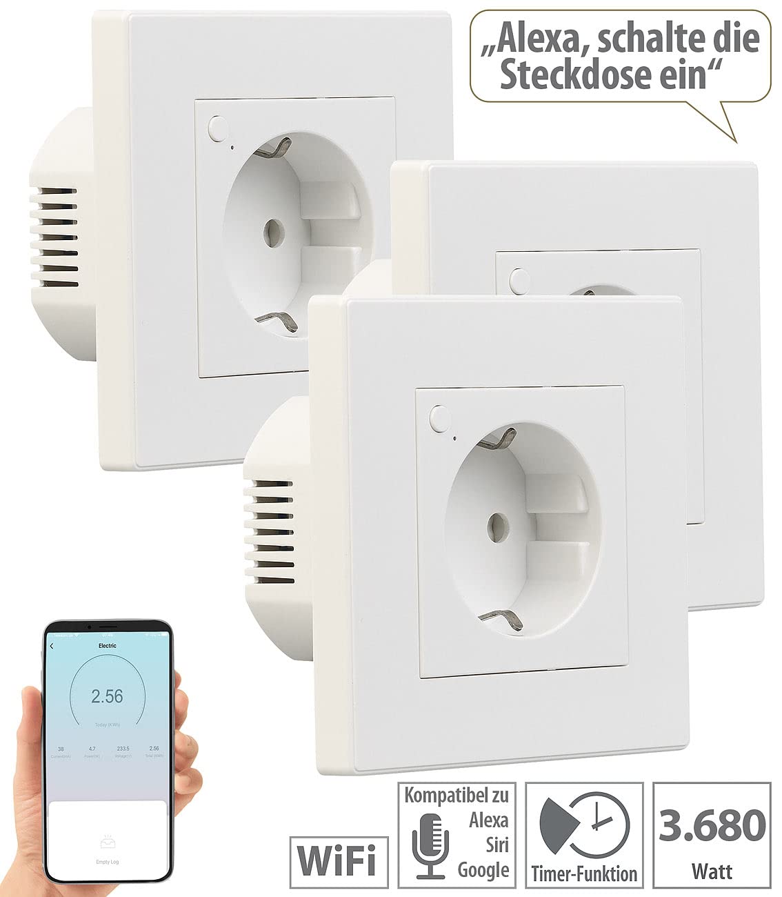 Luminea Home Control Alexa-WLAN-Steckdosen: 3er-Set WLAN-Unterputz-Steckdosen mit Verbrauch-Messung, App, 3.680 W (Alexa Unterputz-Steckdose, Einbausteckdosen)
