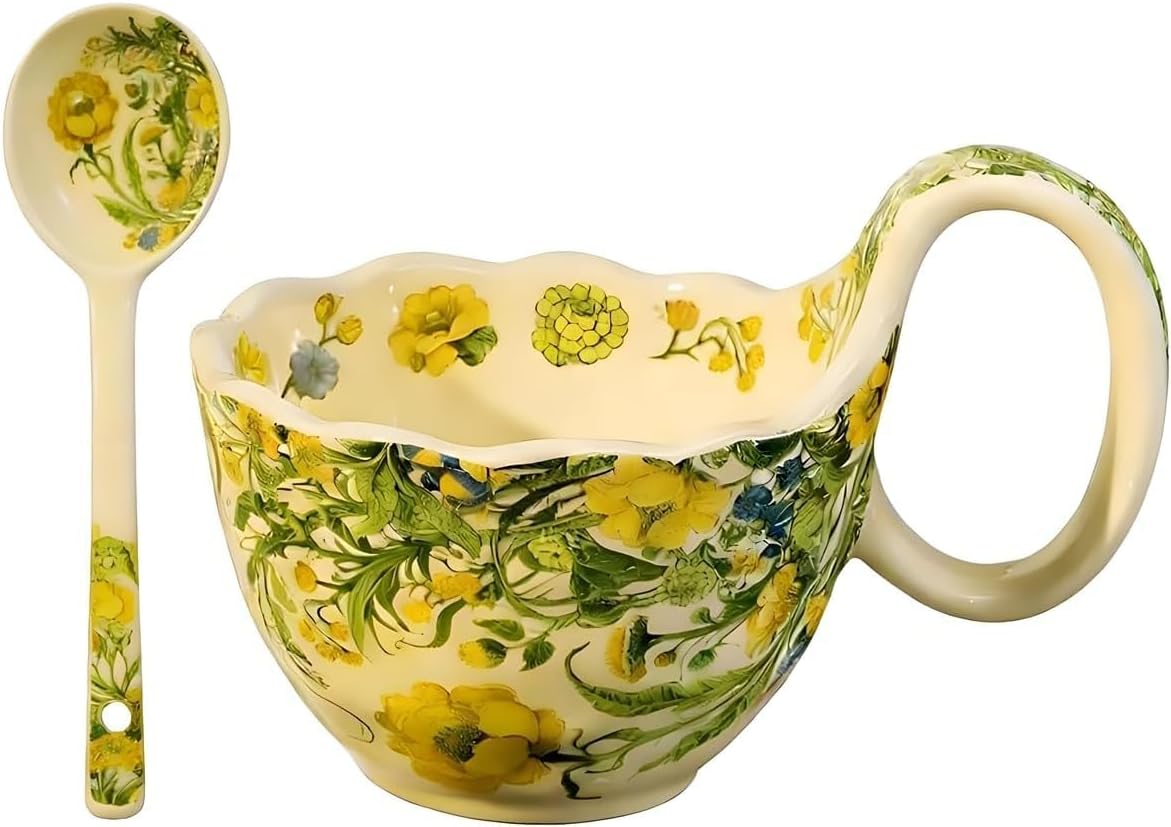 17.64 Oz Microwavable Soup Bowl with Handle, Hand Painted Winter Jasmine Decorative Soup Bowls with Handles, Ceramic Soup Bowl with Spoon for Holding Fruits Cereal Snack, Chili, Ice Cream, Stew, Salsa