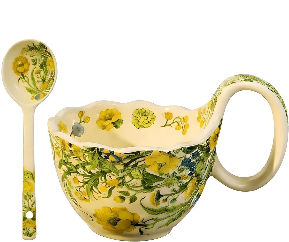 17.64 Oz Microwavable Soup Bowl with Handle, Hand Painted Winter Jasmine Decorative Soup Bowls with Handles, Ceramic Soup Bowl with Spoon for Holding Fruits Cereal Snack, Chili, Ice Cream, Stew, Salsa