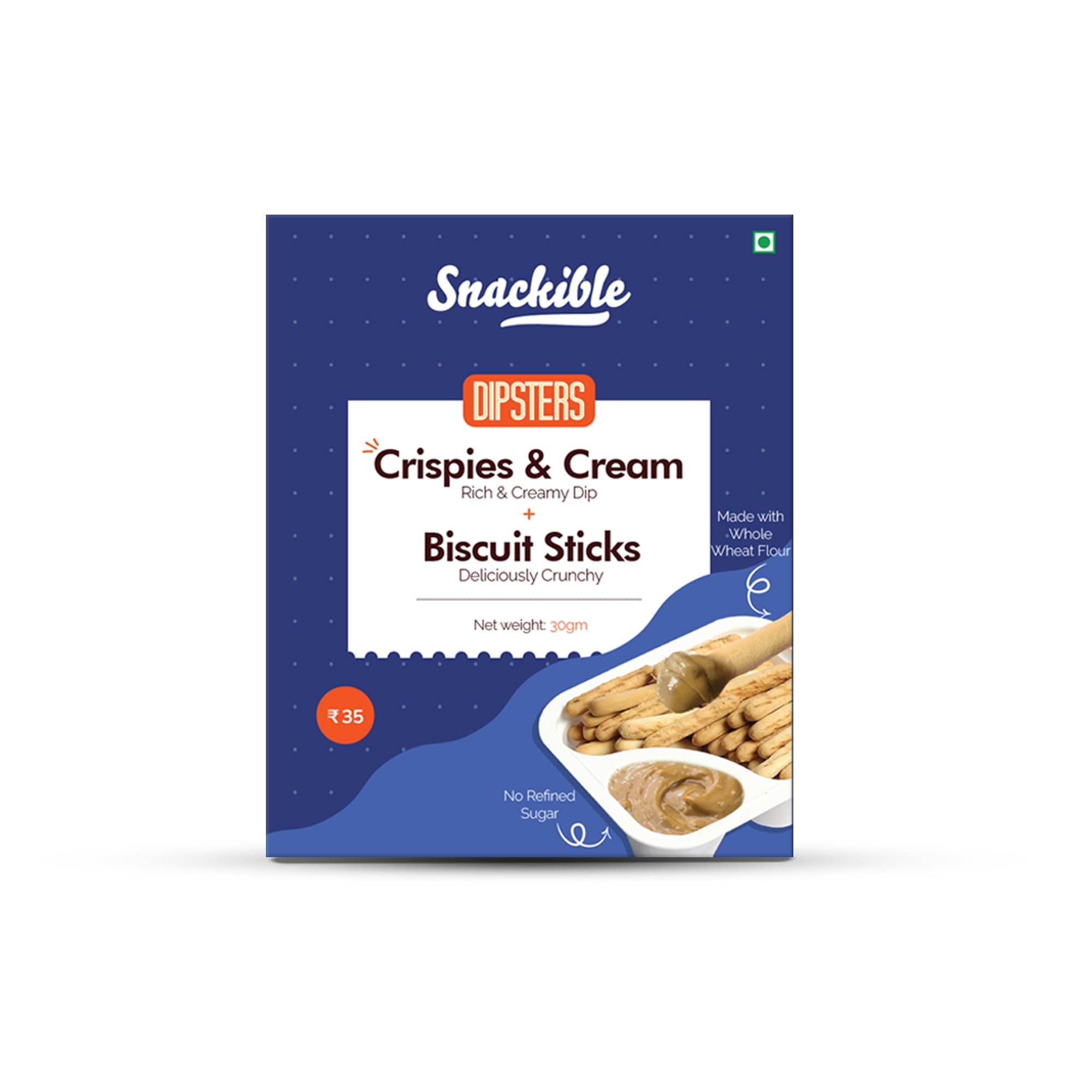 Snackible Dipsters Crispies and Cream Dip with Biscuit Sticks (Pack of 24) - 24x30gm | Baked | Biscuits & Dip | Munching |Cookies & Cream