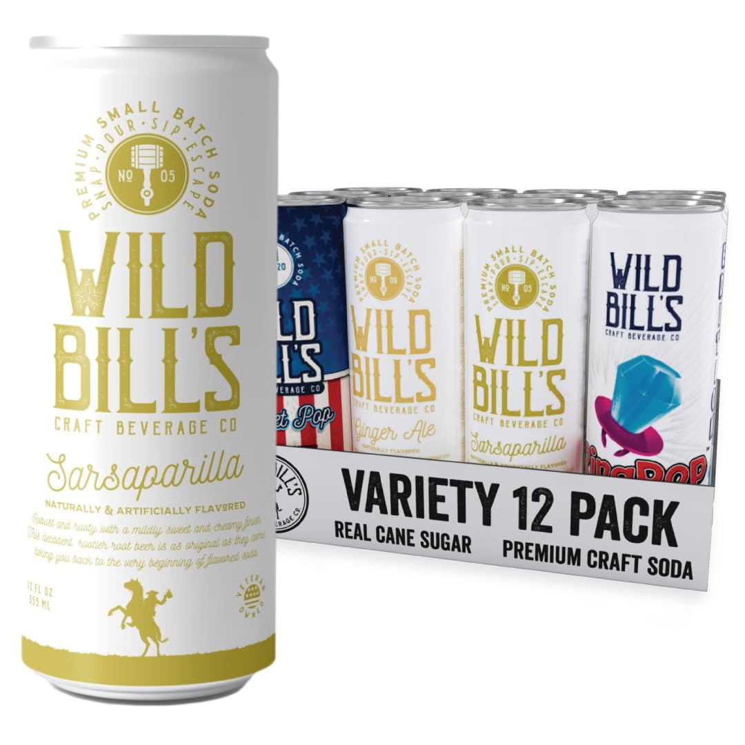 Wild Bill's Craft Soda Soft Drinks Olde Fashioned Variety Pack, Ginger Ale, Ring Pop Berry Blast, Original Cola + MORE, Pure Cane Sugar, NO Caffeine or High Fructose Corn Syrup Gluten Free, 12 Pack