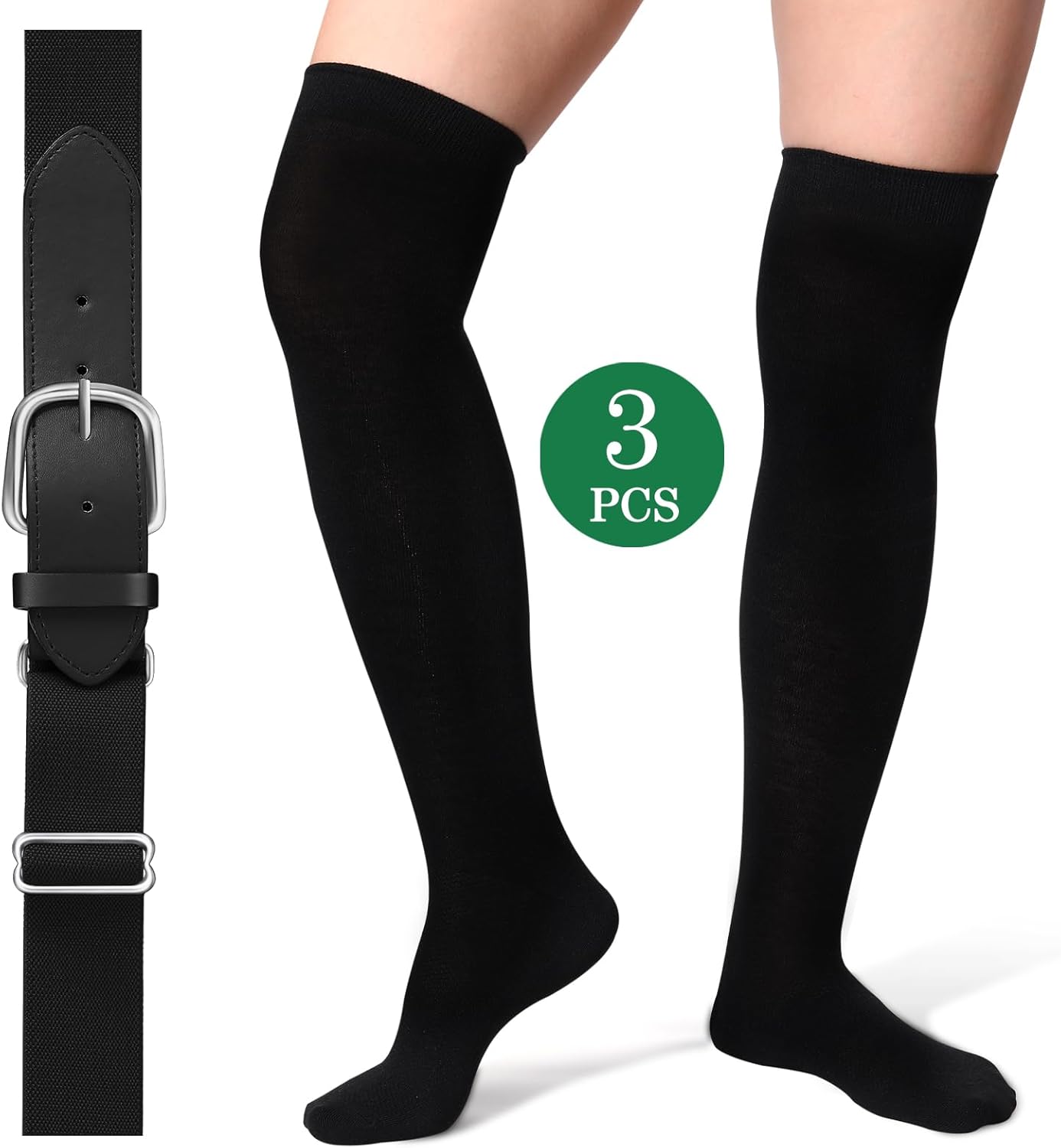 Hicarer 3 Pairs Football Socks over the Knee Set Extra Long Baseball Socks Softball Socks with Belt for Youth Men Women - Image 6