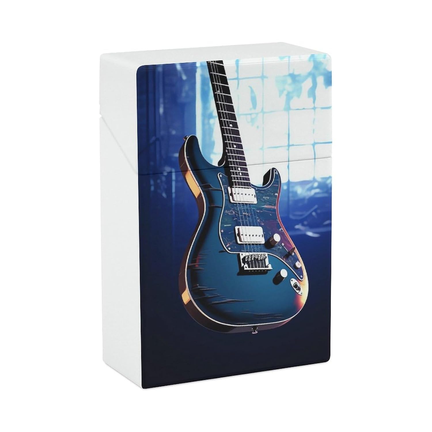 Blue Guitar Cigarette Case for King Size Retro Holder Case with Exquisite Carved Patterns Box 20 Regular Size Cigarettes