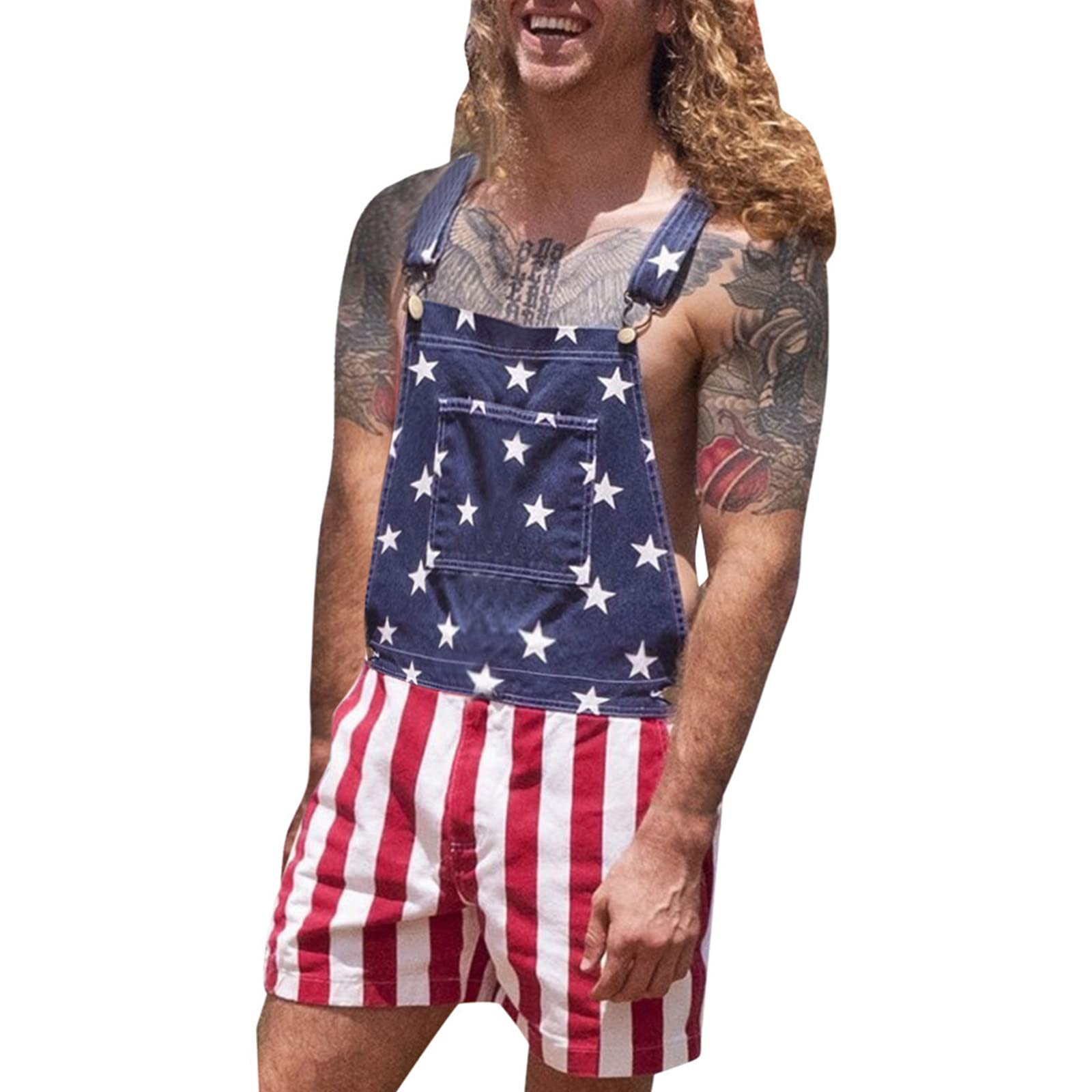 Mens American Flag Overalls Adjustable Straps Patriotic Jumpsuit