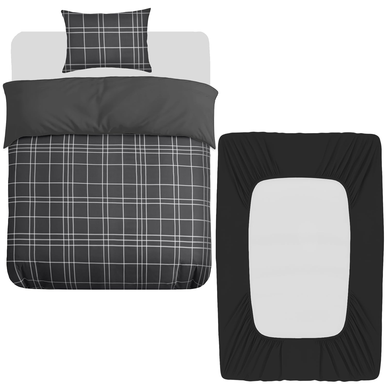Grace Charcoal 3 Pcs Single Duvet Cover Set With Matching Black Single Fitted Sheet 40 Cm Extra Deep Pocket - Ultrasoft Breathable Premium Microfibre Reversible Quilt Cover Bedding Set For All Seasons