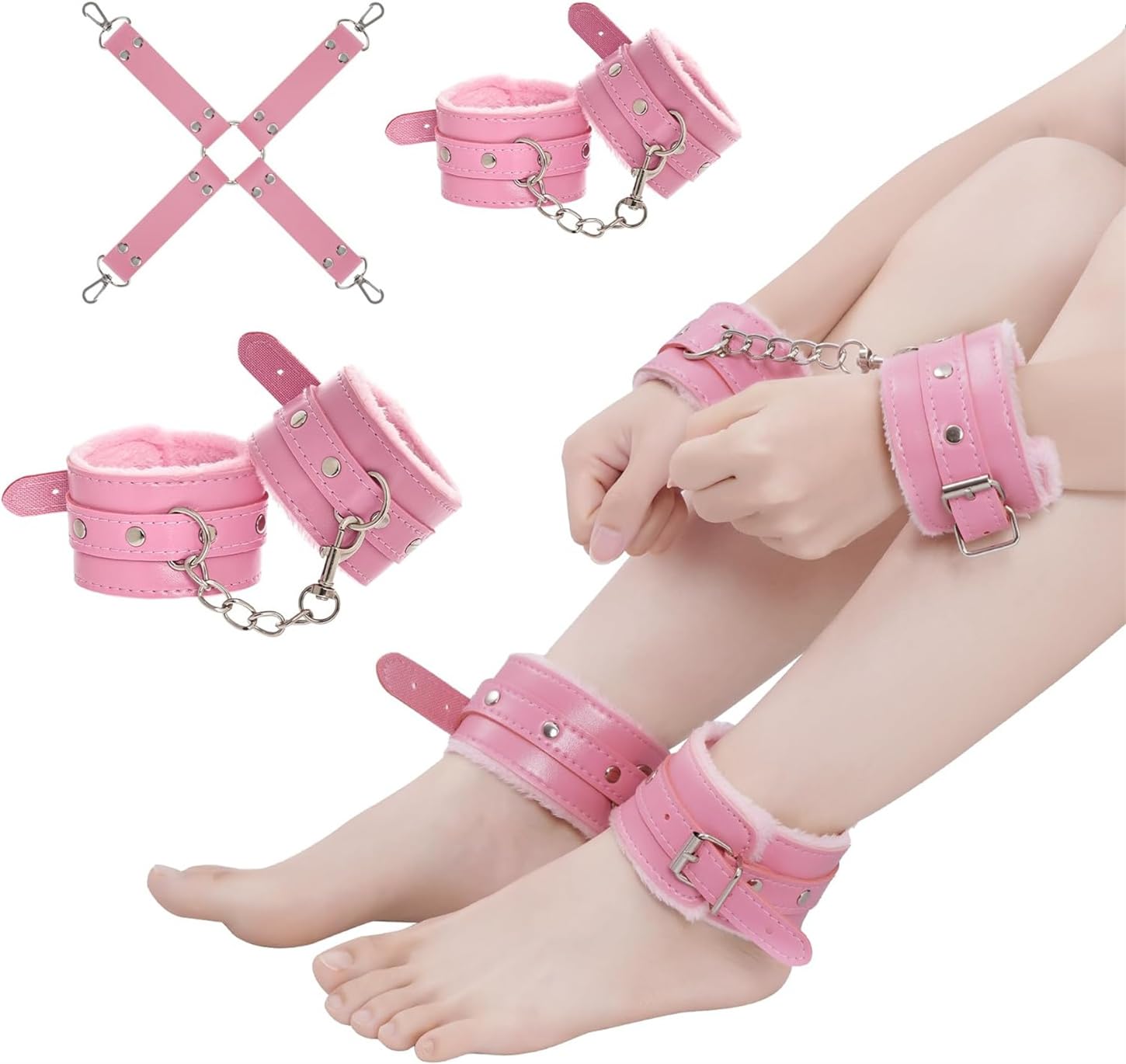 Multifunzionale 12 Pezzi in Pelle Rosa, Allenamento Premium PU Foderato di Peluche, Esercizi Regolabili per Gambe, Collo, Yoga, Polsi, Regalo Originale -K7