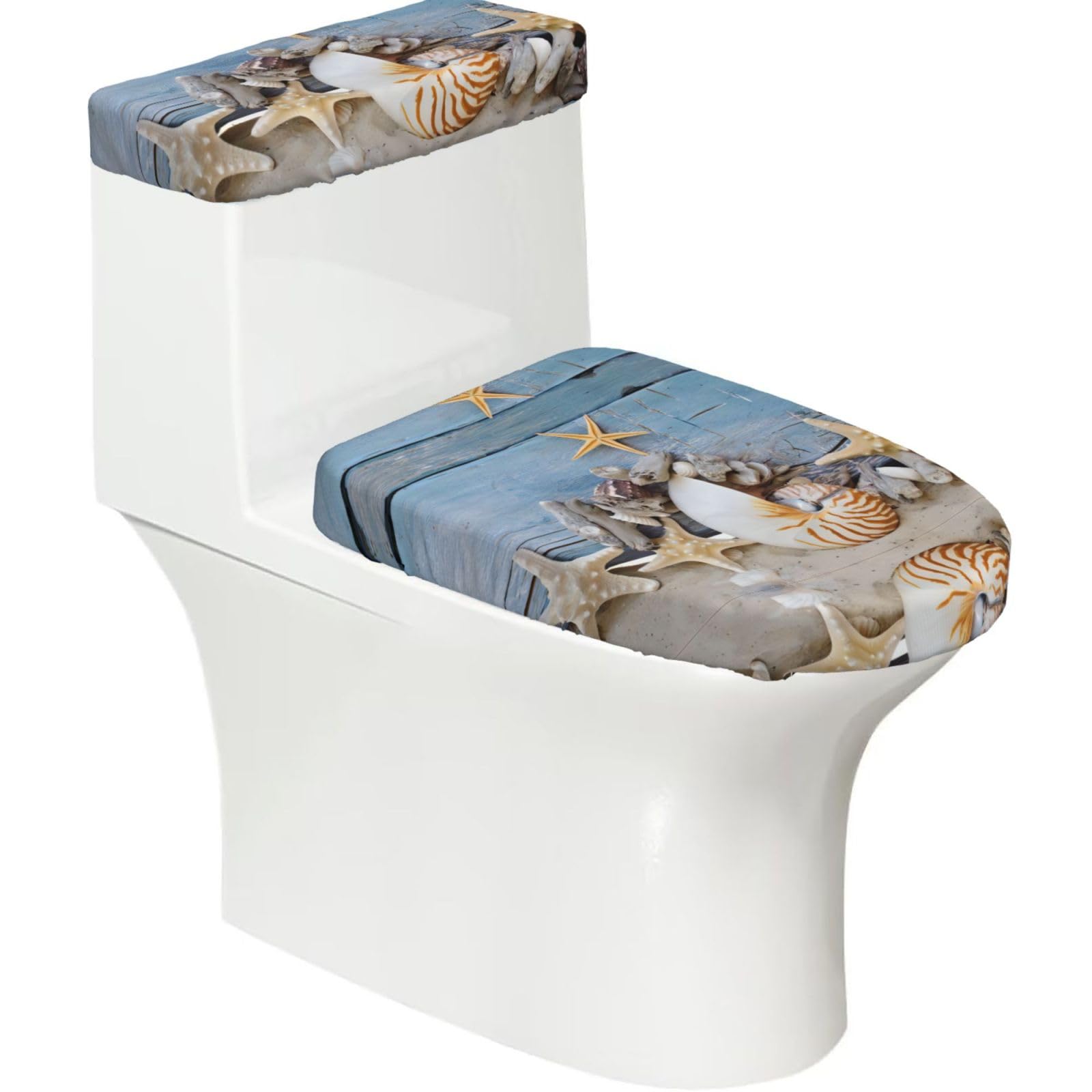 Seashells Starfish Sand 2-Piece Toilet Seat Cover Set with Tank Lid, Elastic Fit for U-Shape & Elongated Toilets, Bathroom Decor, Housewarming Gift