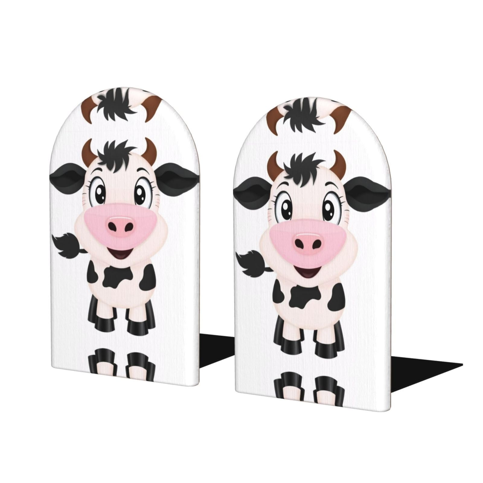 Cartoon Milk Cow (3) Stylish Bookends with Full-Print Design Durable Wooden and Metal Bookend Set for Home, Office