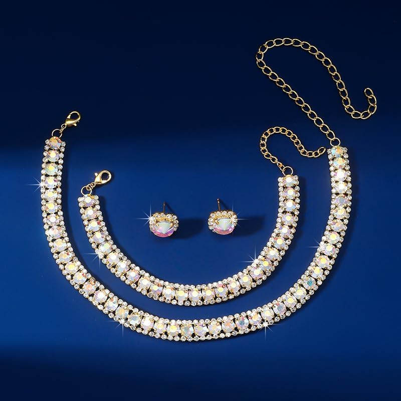 Women Rhinestone Crystal Jewelry Set Crystal Tennis Design Rhinestone Choker Necklace Link Bracelet Teardrop Earrings Set Wedding Bridal Bridesmaids Party - Image 5