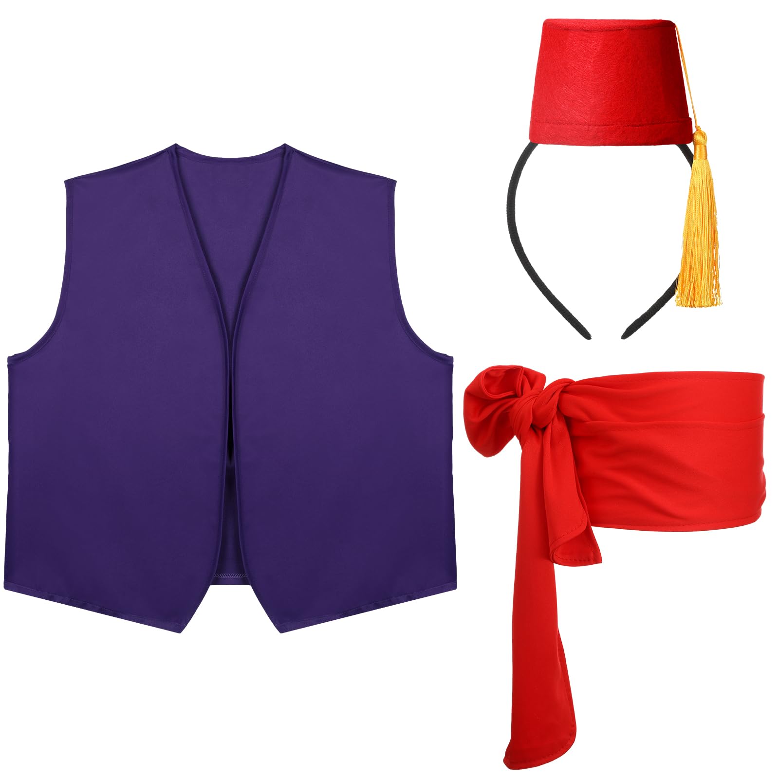 HooLing 3 Pcs Halloween Costume Accessory Includes Pirate Desert Prince Sash Belt Satin Sash Fez Hat Headband Costume