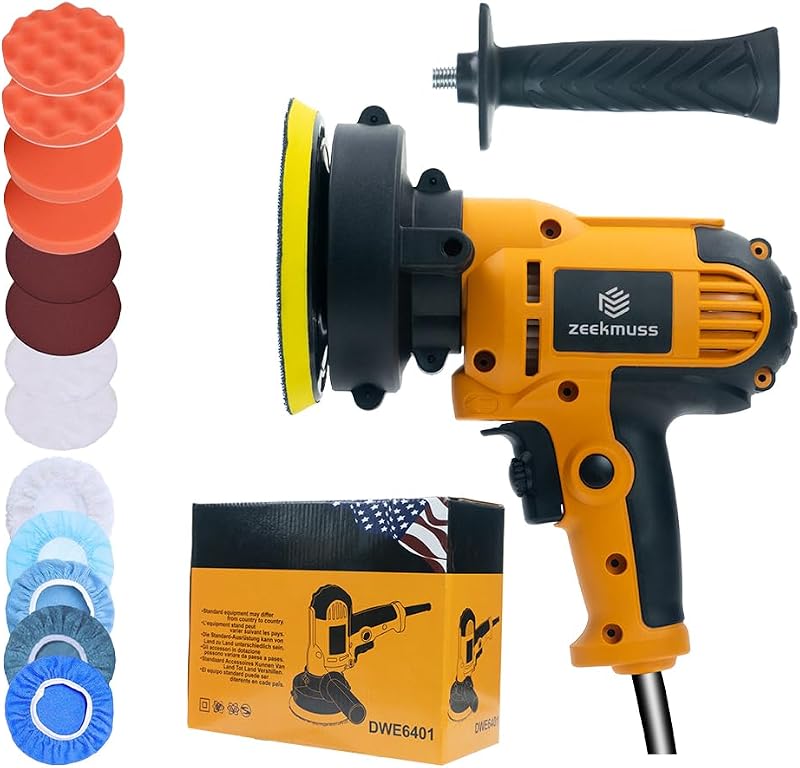 Car Buffer Polisher, 1000-4500RPM Variable Speed, with Polishing Discs Set for Auto Detailing and Waxing