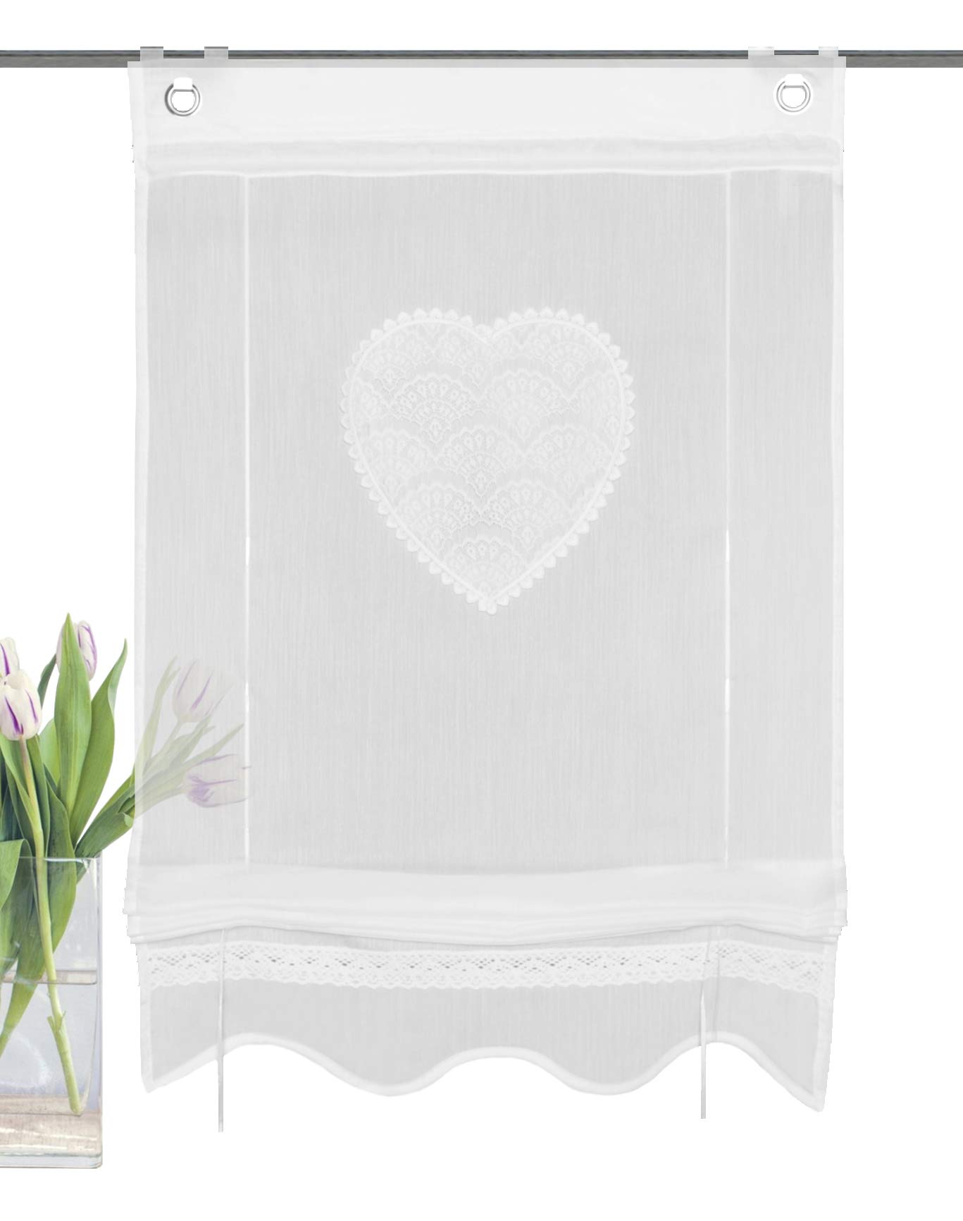 HOME WOHNIDEEN 91417 Corazon Roller Blind with Eyelets and Hooks Made of Batiste Embroidered and Lace with Bottom Cover White Dimensions (H x W) 130 x 45 cm - Image 3