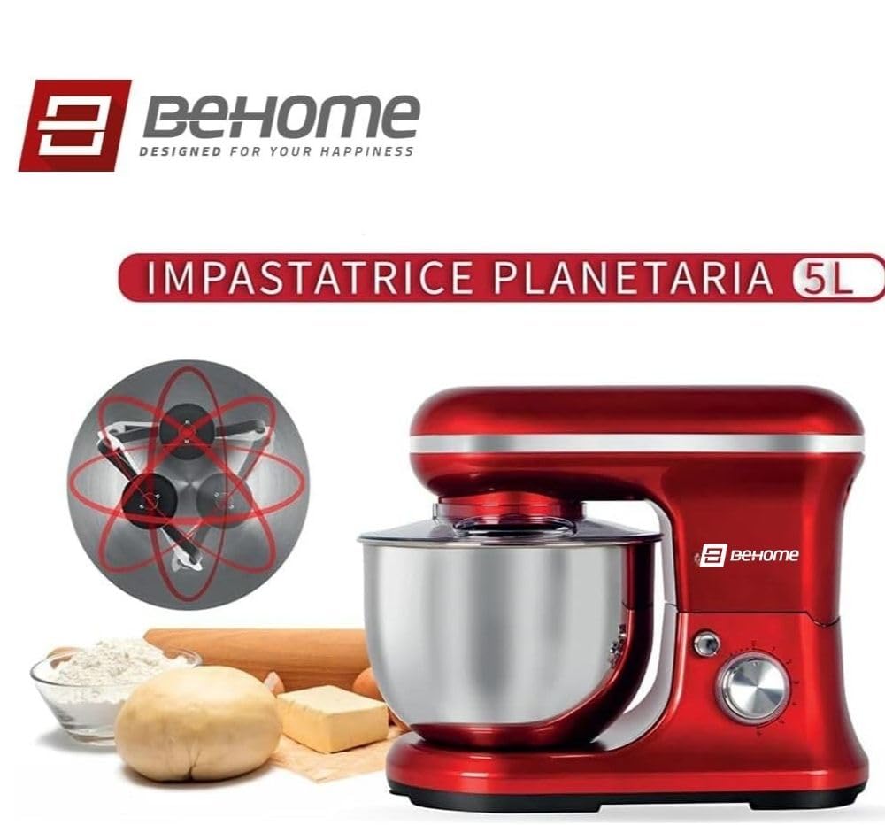 BEHOME Robot Patissier Professionnel 1200W avec Bol d'Acier Inoxydable 5L, 6+P Vitesses, 2 Fouets et 1 Crochet Pétrisseur (Rouge)