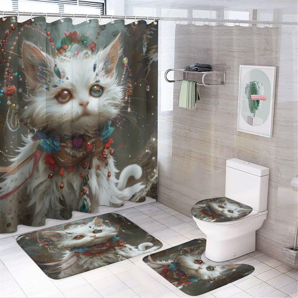 Rideau de douche chat pour éviter les projections d'eau avec tapis de bain sûrs