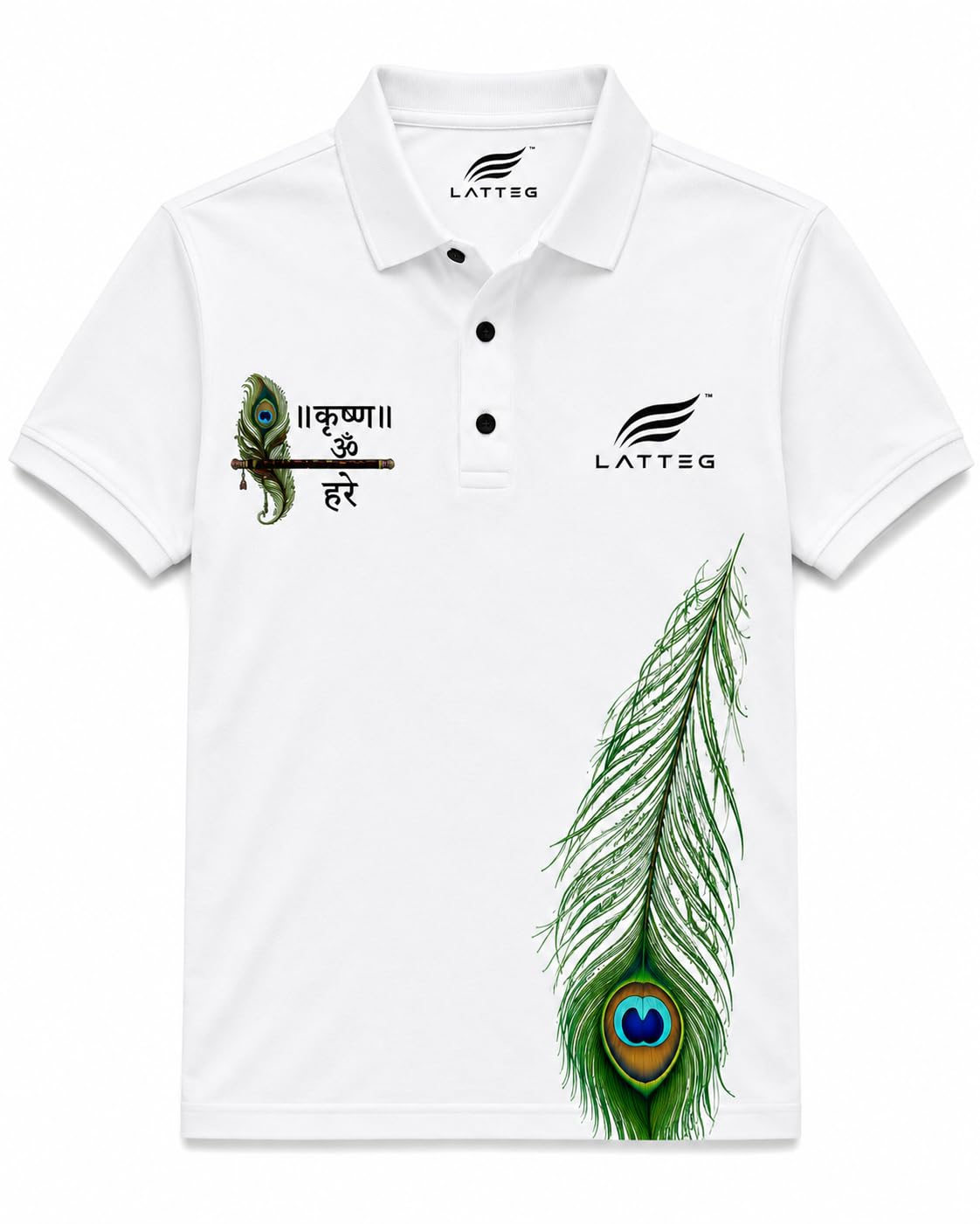 LATTEG Krishna Peacock Feather Print Polo T-Shirt White-picture-14