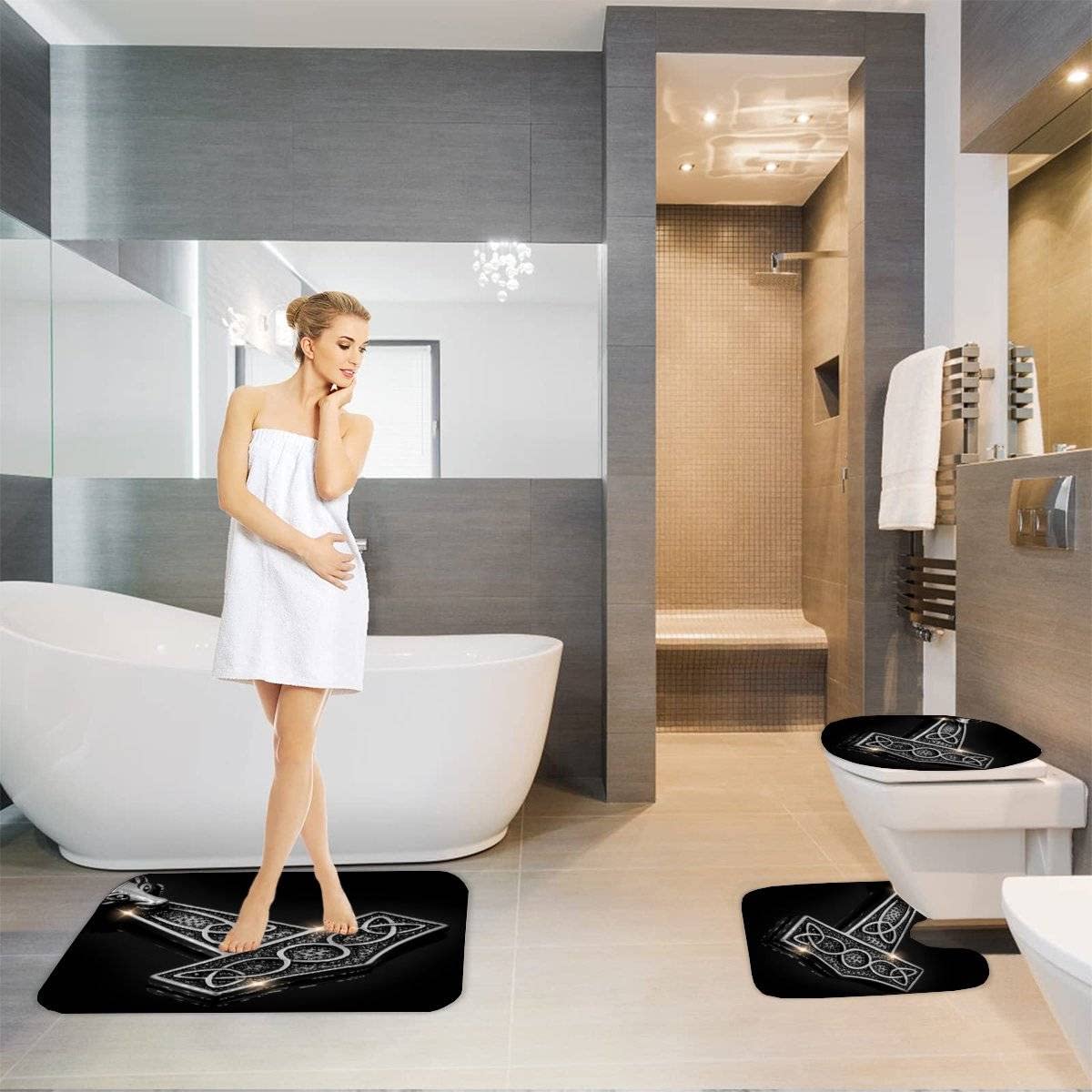 Genérico Alfombra de baño, alfombras de baño Negras escandinavas, Alfombra de baño de Lujo de Microfibra, Juego de alfombras absorbentes, Alfombrillas de baño vikingas Vintage, Alfombrilla de pedesta