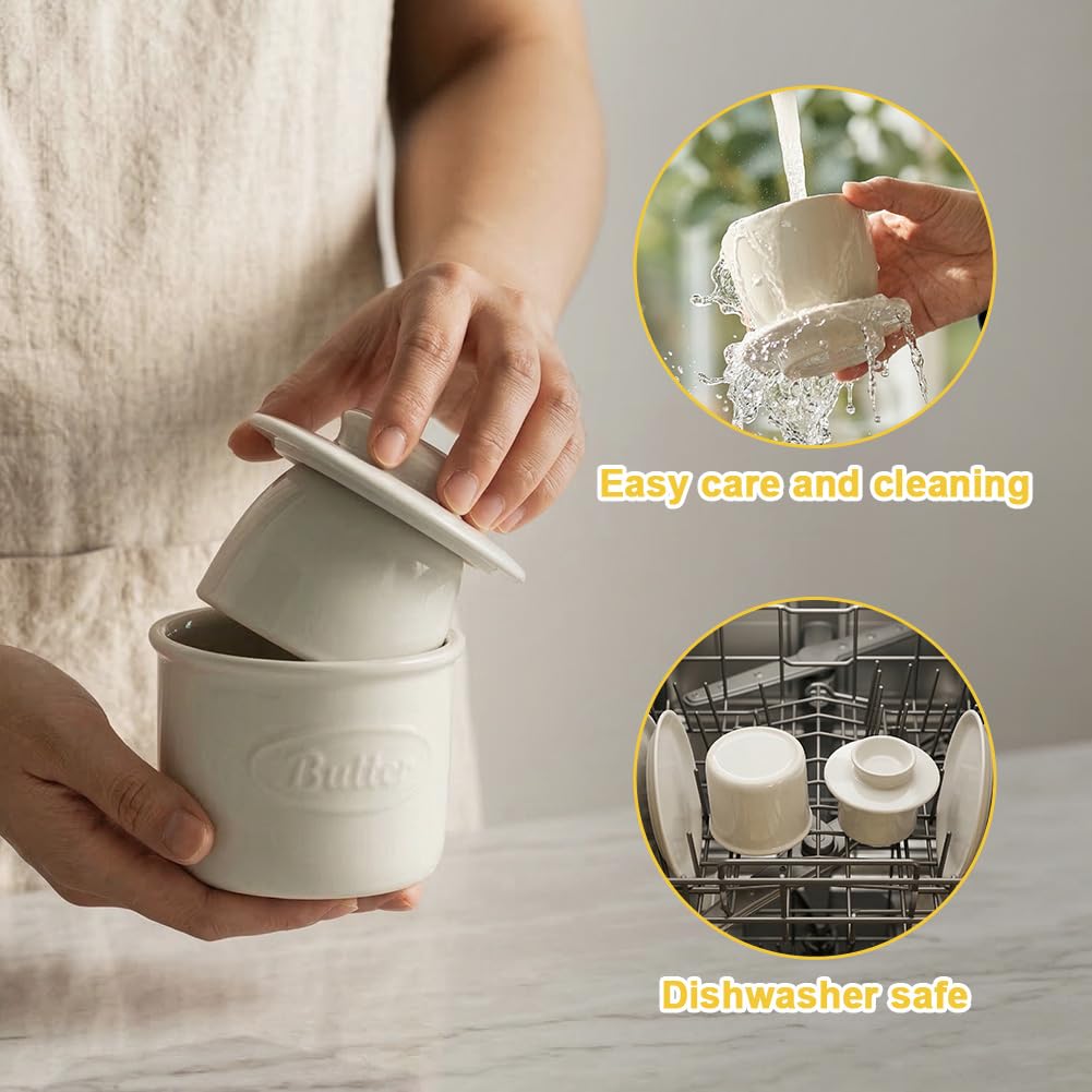 Vicloon Französischer Buttertopf, Französische Butterdose mit Deckel, Butterdoses Wassergekühlt mit Wasserlinie, Butterglocke mit Messer Buttertopf für Frische Streichfähige Butter - White