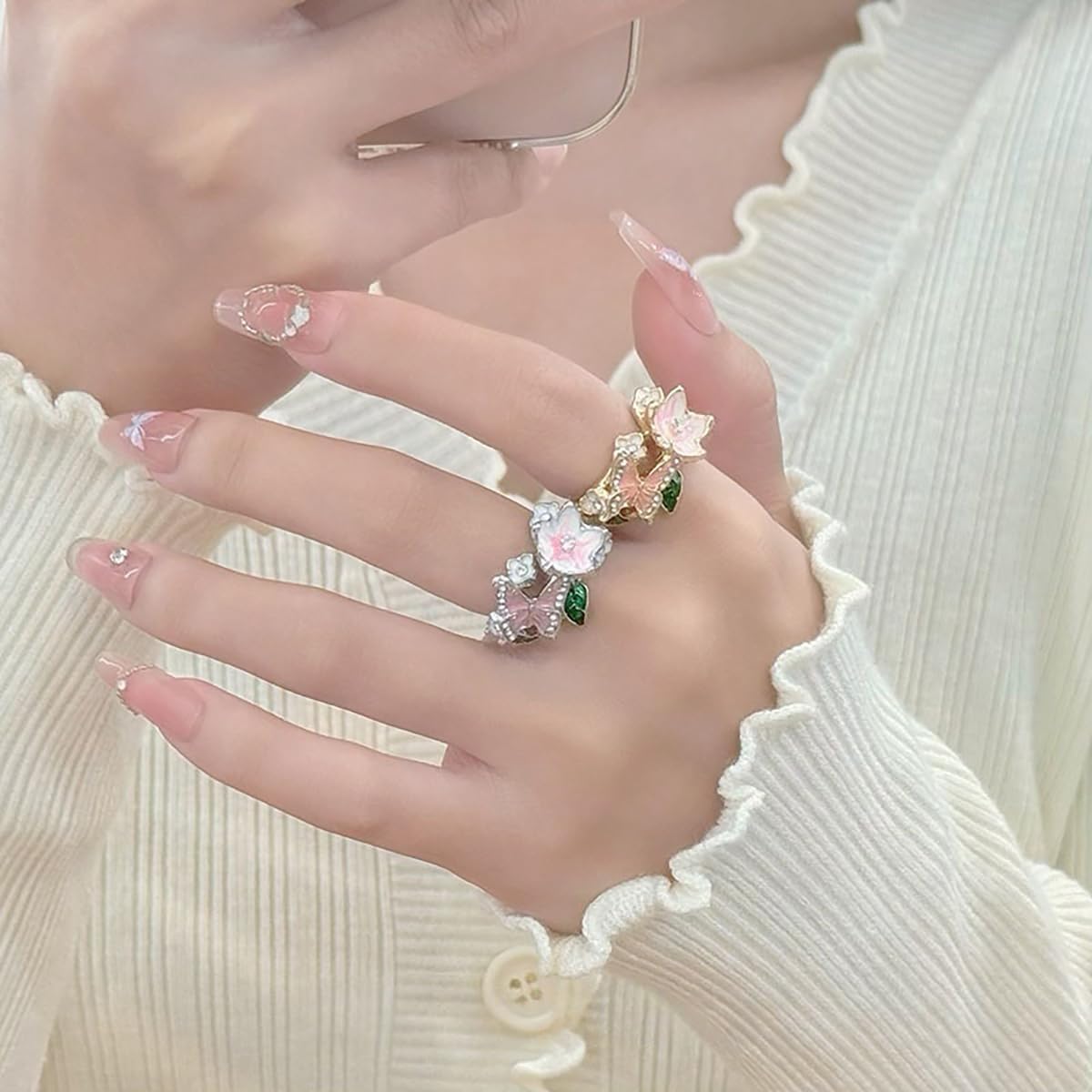Butterfly Flower Ring for Women Enamel Flower Butterfly Finger Ring with Adjustable Opening Pink Ring Sparkling Fashion Flower Ring Christmas Birthday Party Prom Clothing Jewelry - Image 4