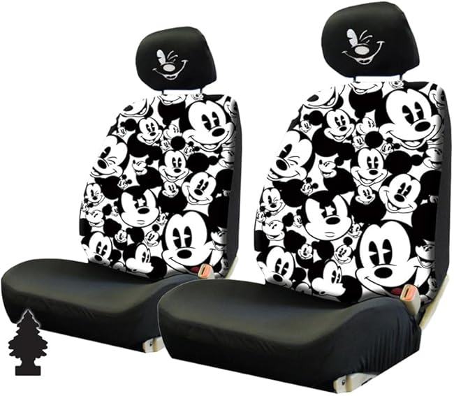 Yupbizauto Disney Mickey Mouse Car Seat Covers Embroidery Headrest Covers Bundle Set Front Seat Protectors with Air Freshener Bundle