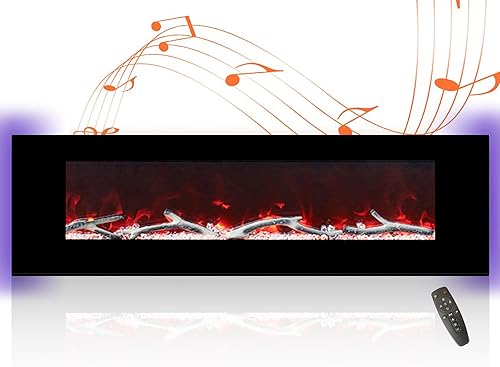 Chimenea eléctrica de 60 pulgadas con altavoces de música montada en la pared de bajo ruido ultra fina chimenea lineal ajustable 8 colores de llama,