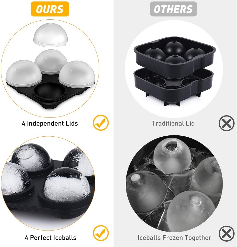 2.5inch Ball Ice Mold with Separate Lid, Large Ice Ball Mold with Funnel, Leakproof Silicone Sphere Ice Tray Molds for Whiskey, Cocktail, Scotch