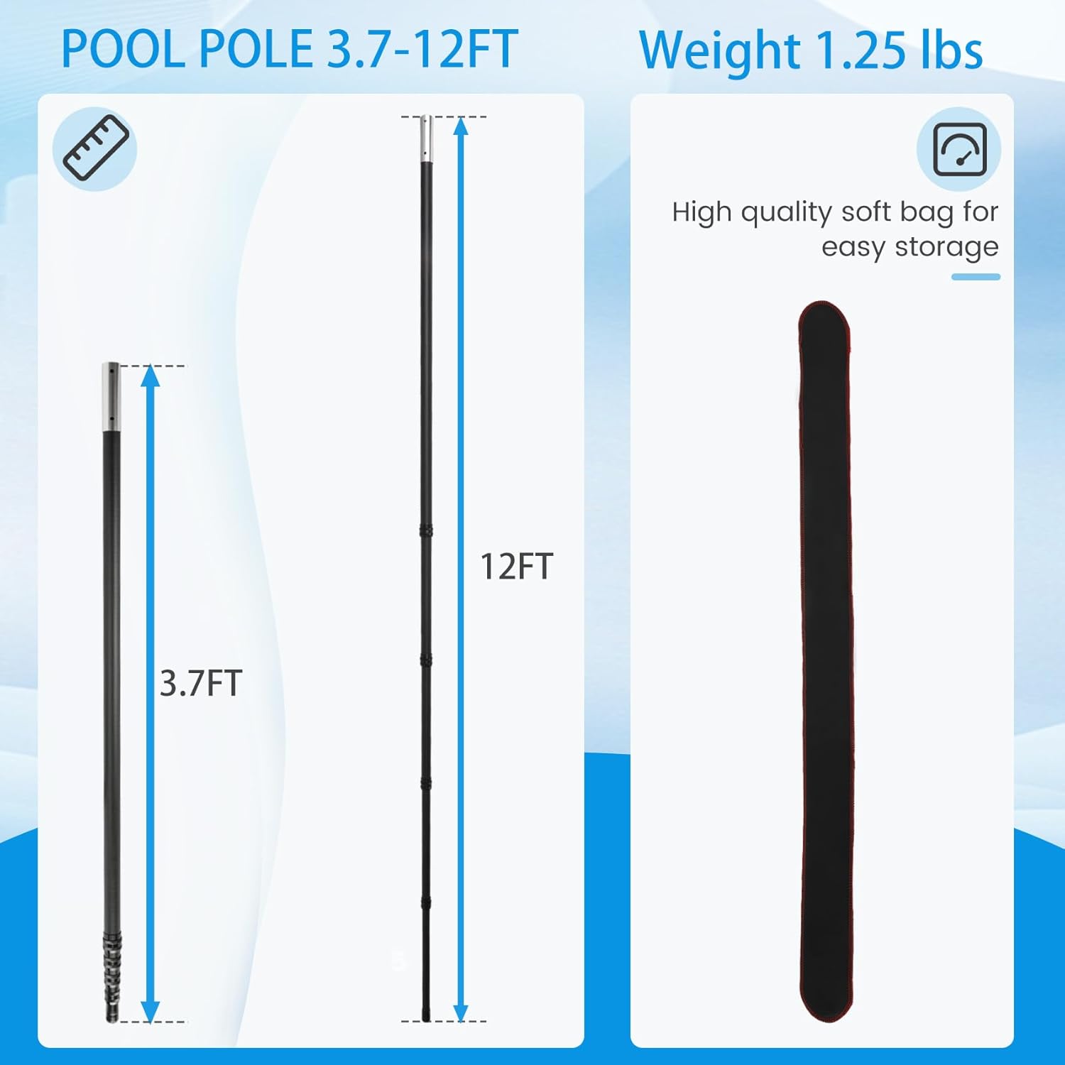 Pool Pole Carbon Fiber, Premium12FT Pool Pole Telescopic 3.7 to 12 FT, Adjustable 4 Piece Extendable Pool Cleaning Pole, Professional Pool Pole fit for Brushes, Vacuum, Nets, Skimmers