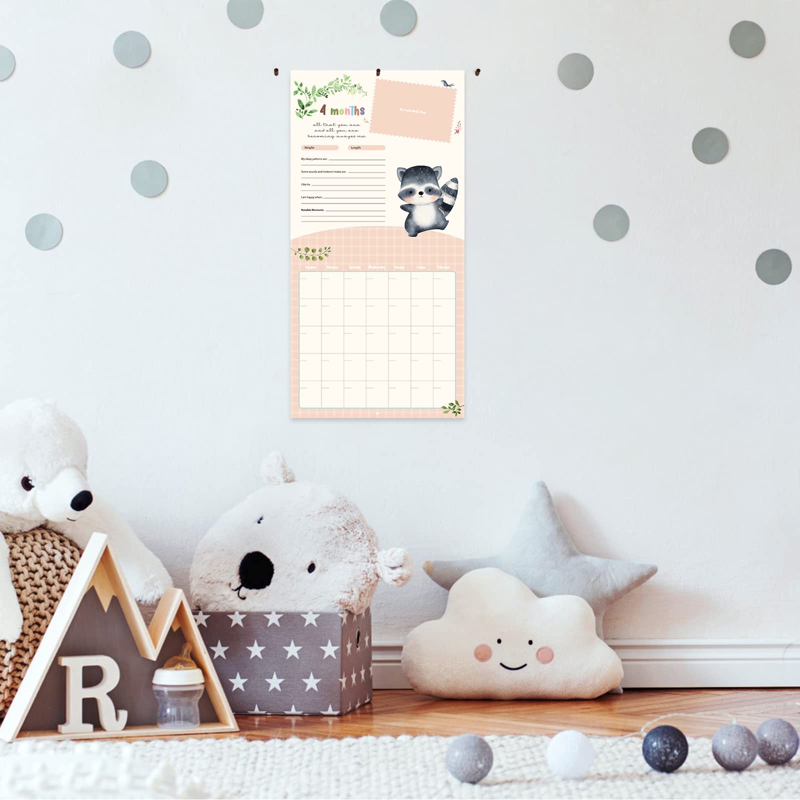 Calendario del primer año del bebé con calcomanías, rastreador de primer año y libro de recuerdos para niñas y niños, documenta y aprecia hitos con bolsillo y gancho adhesivo sin taladros